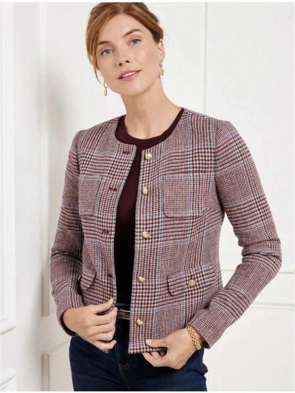 Talbots Shetland Crop Autumn Plaid Wool Blend Blazer Size 10 Preppy Old Money